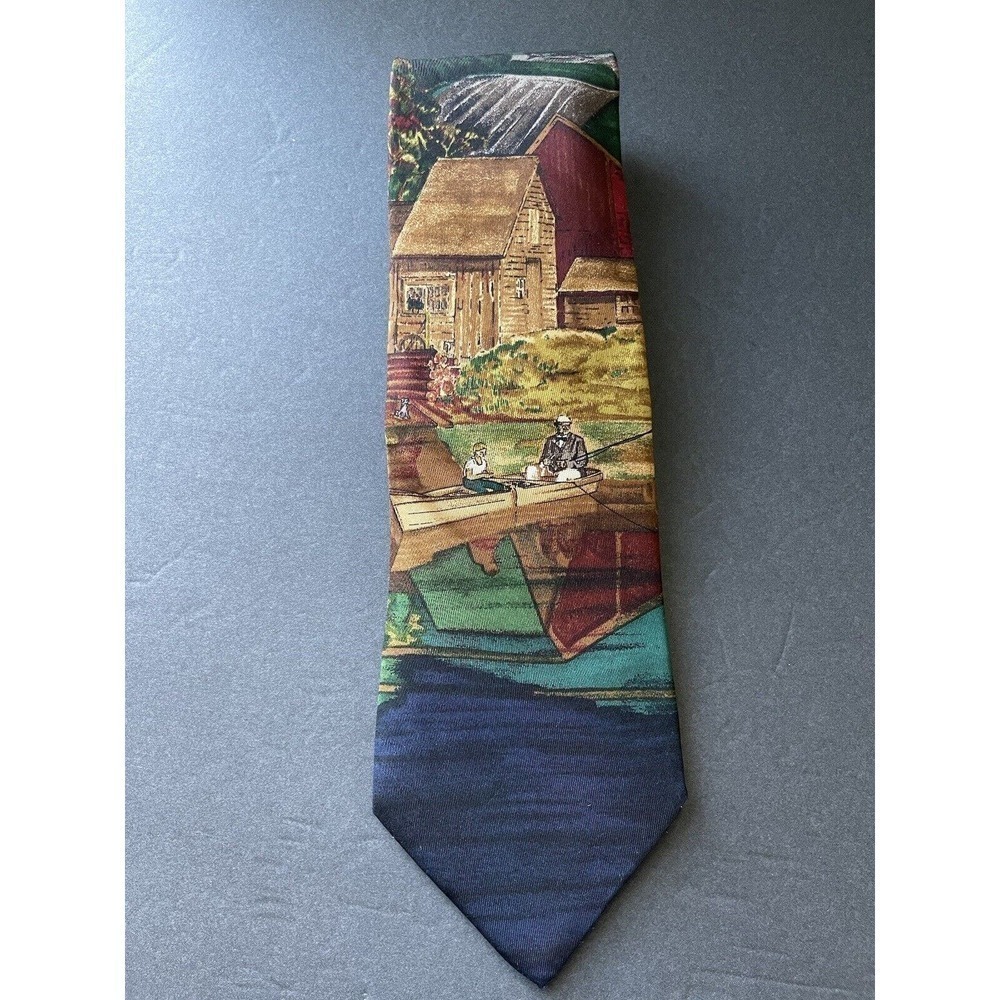 Eddie Bauer Silk Tie Blue Hand Printed In Italy Outdoor Boat Fishing USA